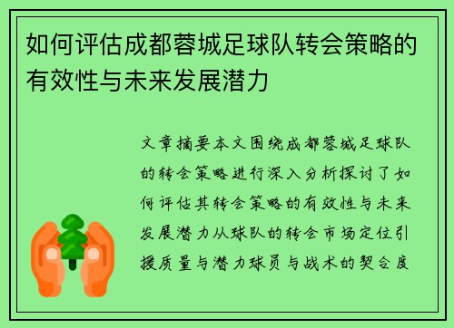 如何评估成都蓉城足球队转会策略的有效性与未来发展潜力