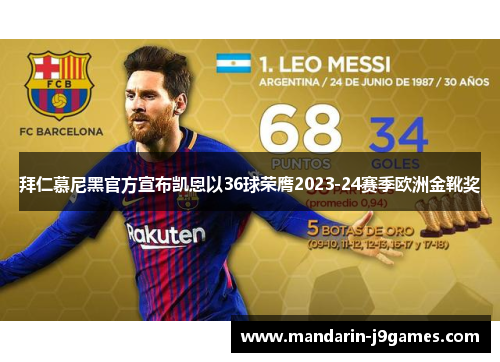 拜仁慕尼黑官方宣布凯恩以36球荣膺2023-24赛季欧洲金靴奖