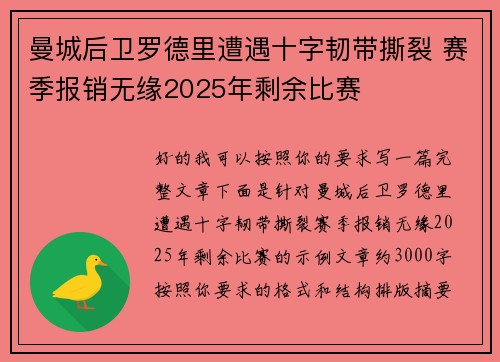 曼城后卫罗德里遭遇十字韧带撕裂 赛季报销无缘2025年剩余比赛